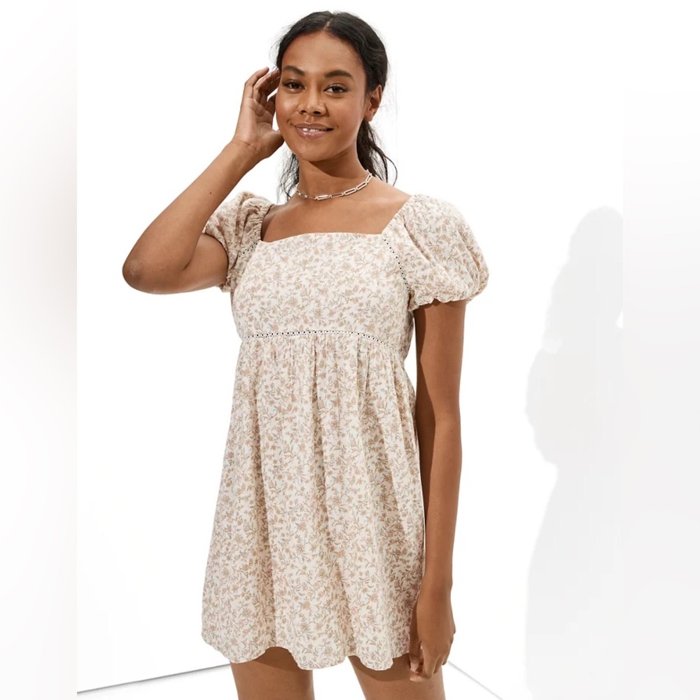 AE Babydoll Puff Sleeve Cream Floral Romantic Balletcore Mini Dress Women’s XL